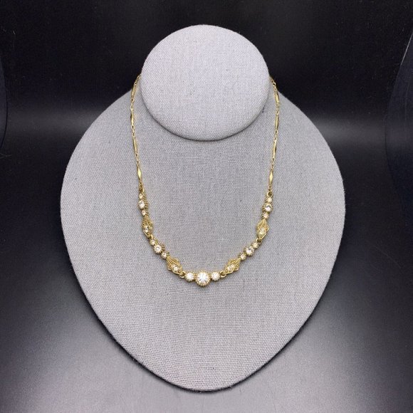 1928 Jewelry - 1928 Art Deco Style Necklace Gold Tone Clear Rhinestone Bar Link Dainty Elegant